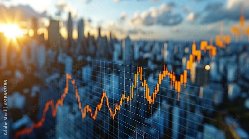 double exposure image of stock market investment graph and city on background, concept of business investment and stock future trading