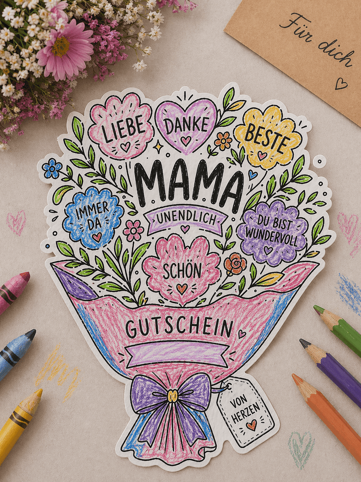 Tolles Geschenk zum Muttertag: Bastelvorlage Gutschein in Blumenstraußform zum Ausmalen und Ausdrucken