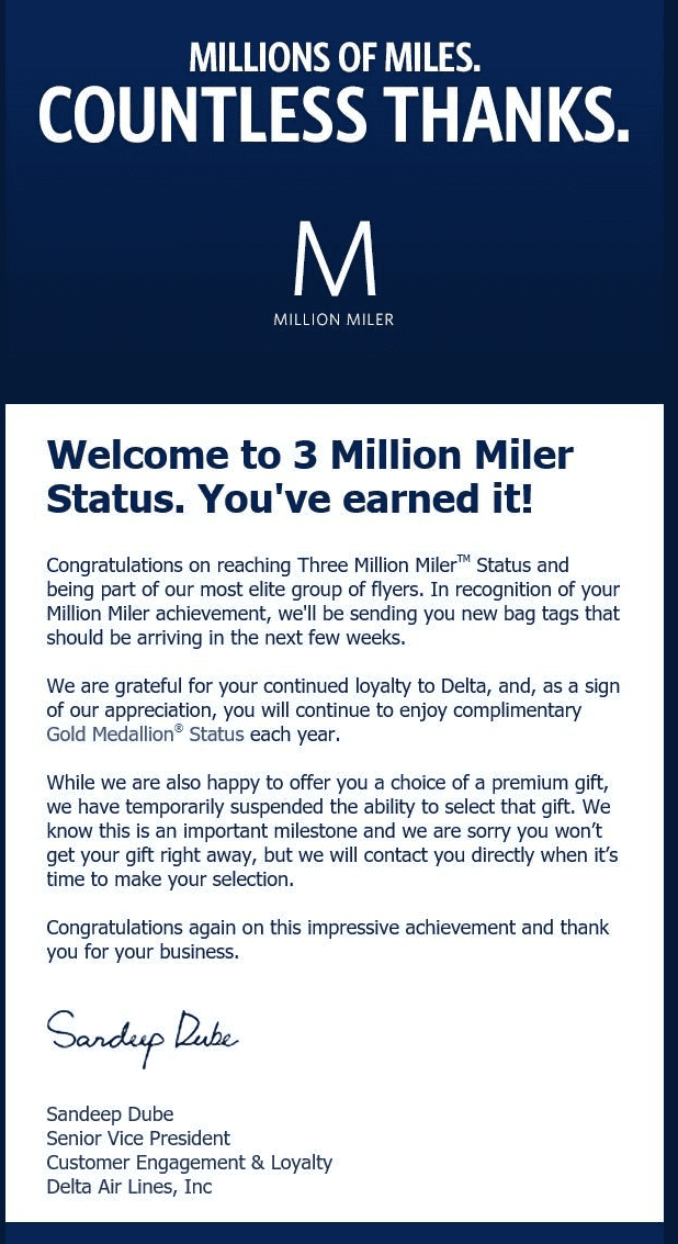 The Ultimate Guide to Delta Million Miler 1 congratulations email