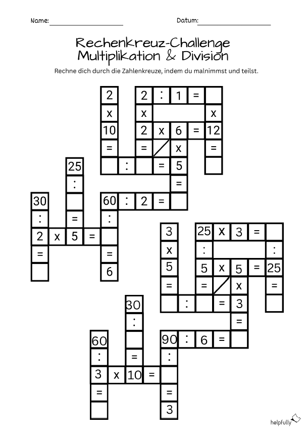 Malnehmen und Teilen in einem coolen Arbeitsblatt in Kreuzworträtselform zum Ausdrucken