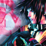 Vaporwave de style cyberpunk avec un personnage féminin aux cheveux noirs, portant un collier en chaîne et un hoodie coloré, posant devant un mur recouvert de graffiti.