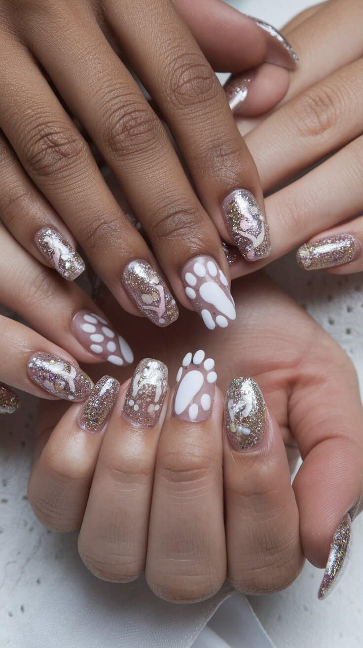 Nail designs featuring bunny trails and glitter accents
