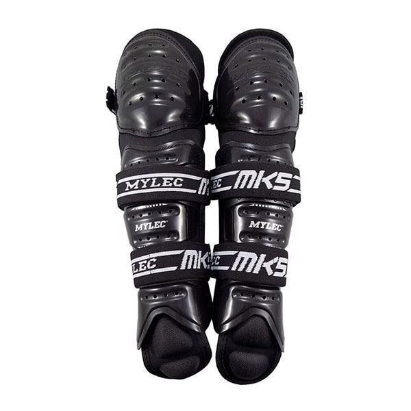 A pair of black Mylec Shin MK5 9" or 11" guards with adjustable straps, designed for sports protection.