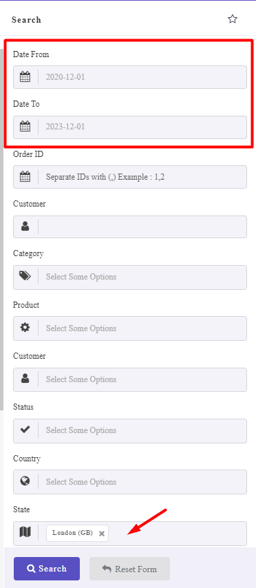 set date range in orders filter form