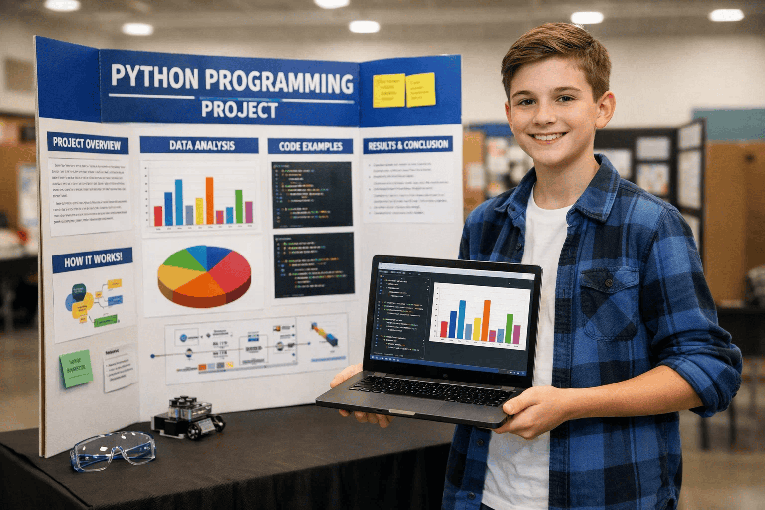 Student presenting Python science fair project with display board showing code examples and data visualizations at science fair competition