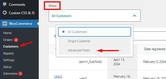 select advanced filters option in WooCommerce customers menu