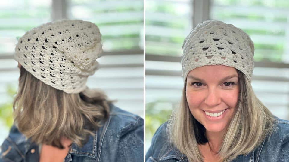 A woman with shoulder-length blonde hair wears a cream-colored crochet granny stitch slouchy hat and a denim jacket, shown from the back and front in a split-image. She is smiling, standing indoors near a window.