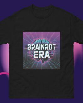 Brainrot Era Shirt: Black unisex cotton tee with a vibrant neon glitch art brain graphic. Features "BRAINROT ERA" text, perfect for Gen Z meme streetwear and fans of cyberpunk style and internet culture. A funny gift!