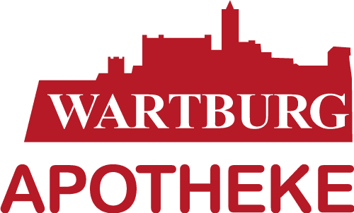 Logo der Wartburg Apotheke in roter Schrift mit einer Silhouette der Wartburg im Hintergrund. In der Wartburg Apotheke in Eisenach