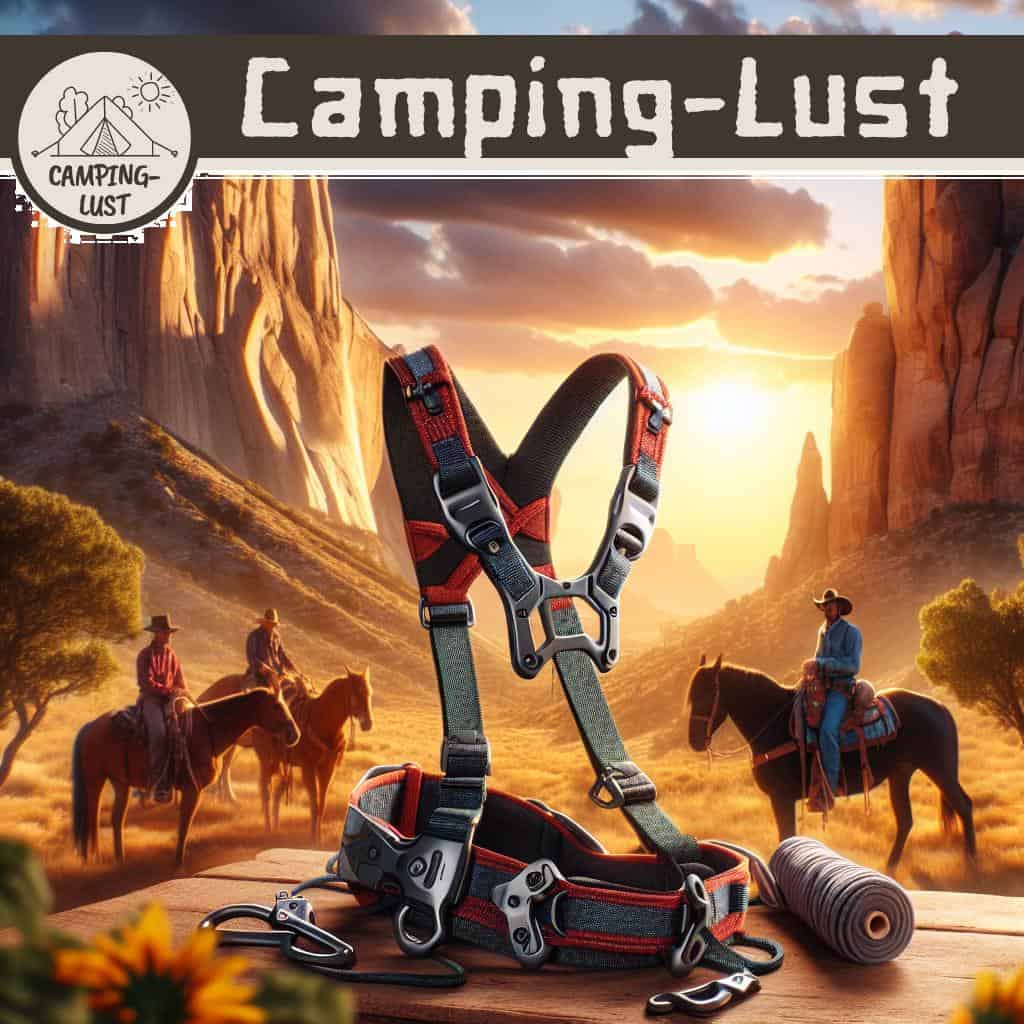 Ein Camping-Klettergurt hängt an einem Baumast, bereit für spannende Entdeckungen in der Natur.