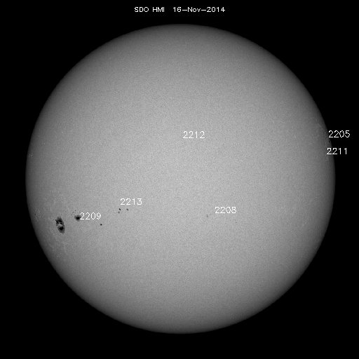 Aktuelles Weltraumwetter und Prognose 2 Aktuelle Sonnenflecken 16. November 2014 - Quelle: NASA SDO/HMI