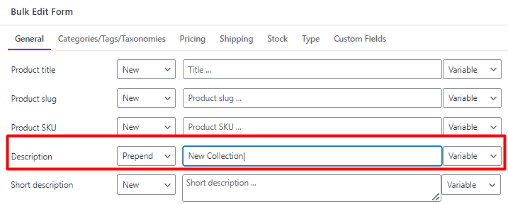 Bulk prepend text to product description in WooCommerce