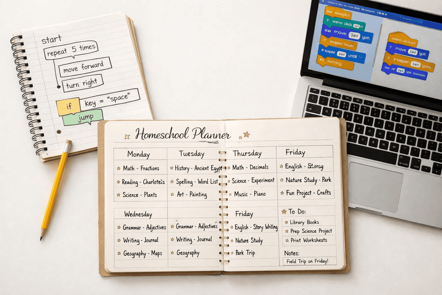 Homeschool weekly planner with coding classes scheduled alongside core subjects