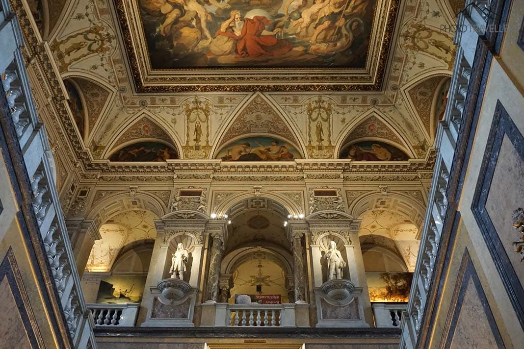 Ein großer Saal mit einem Deckengemälde im Naturhistorischen Museum in Wien