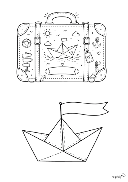 Gratis-Vorlage zum Basteln von Karten und Gutscheinen für Reisen in Form von Koffer und Papierboot