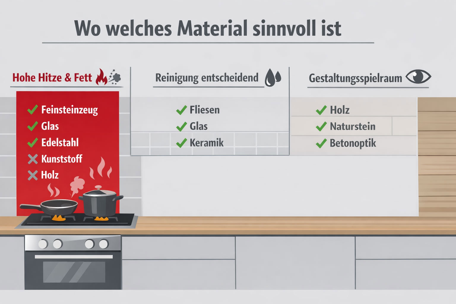 Küchenrückwand, wo welches Material sinnvoll ist
