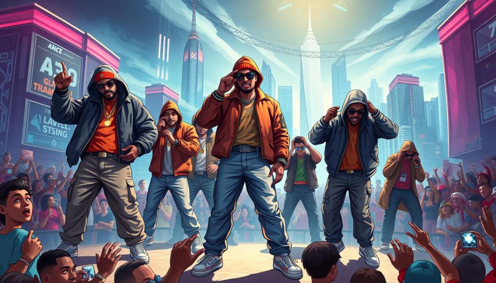 Iconic hip hop innovators in a vibrant, futuristic cityscape. In the foreground, larger-than-life figures strike dynamic poses, their clothing and accessories reflecting the bold, experimental aesthetics of the genre. The mid-ground features a diverse crowd of music enthusiasts, their movements capturing the energy and camaraderie of a live performance. The background showcases a gleaming metropolis, its architecture and skyline infused with the spirit of innovation and progress that defines the culture. Dramatic lighting casts dramatic shadows, emphasizing the commanding presence of the central figures. The overall composition conveys a sense of momentum, innovation, and the undeniable influence of hip hop on the modern world. Iconic hip hop innovators in a vibrant, futuristic cityscape. In the foreground, larger-than-life figures strike dynamic poses, their clothing and accessories reflecting the bold, experimental aesthetics of the genre. The mid-ground features a diverse crowd of music enthusiasts, their movements capturing the energy and camaraderie of a live performance. The background showcases a gleaming metropolis, its architecture and skyline infused with the spirit of innovation and progress that defines the culture. Dramatic lighting casts dramatic shadows, emphasizing the commanding presence of the central figures. The overall composition conveys a sense of momentum, innovation, and the undeniable influence of hip hop on the modern world.