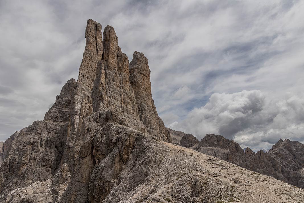 Blick auf die Vajolettürme in den Dolomiten