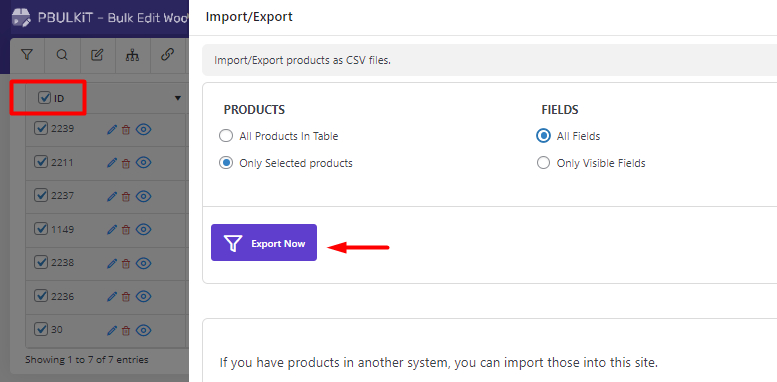 mark all products and select export button in WooCommerce products bulk edit plugin export form