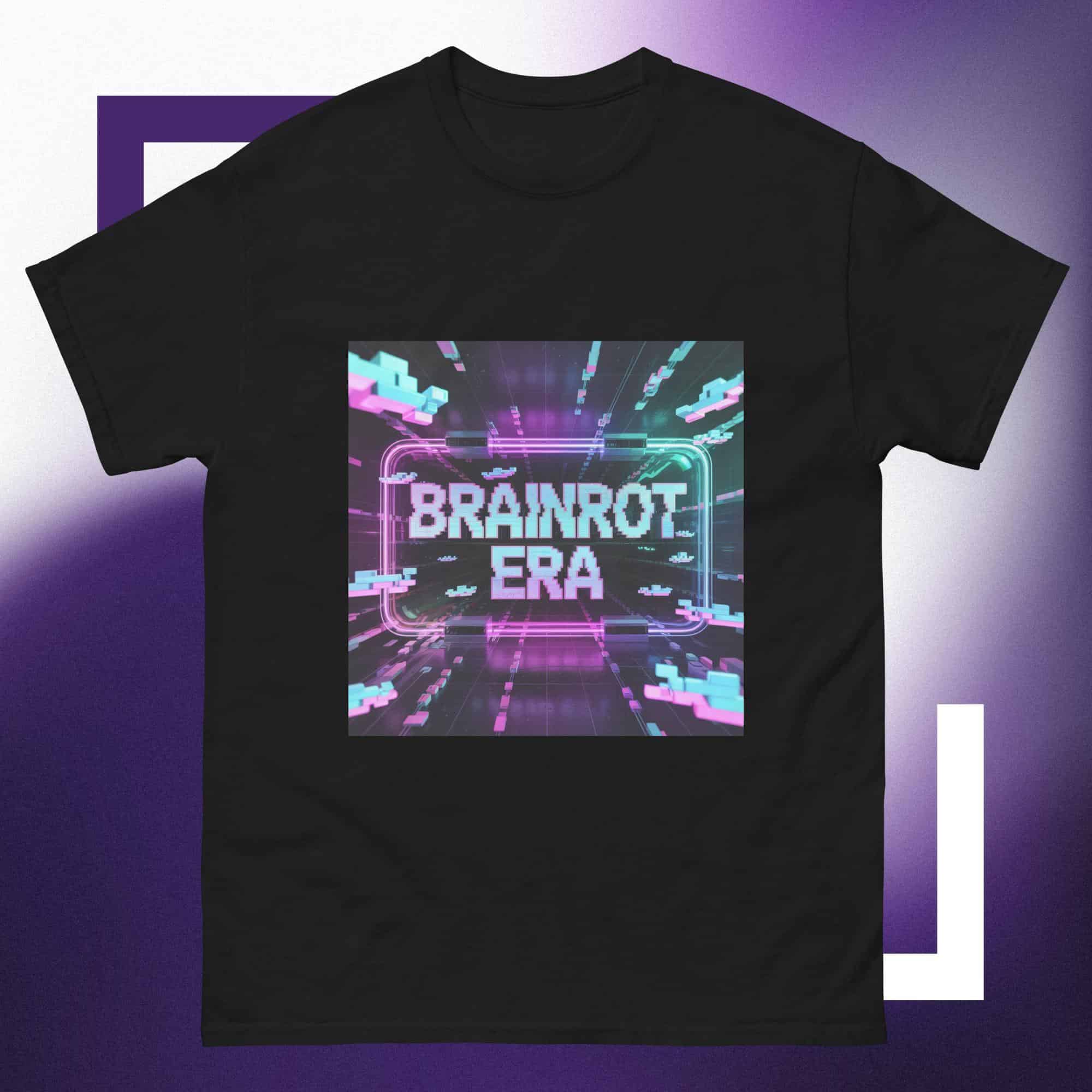 Brainrot Era T-Shirt: Black Gen Z streetwear tee with a neon pink and blue "Brainrot Era" glitchcore graphic. A cyberpunk aesthetic with a retro-futurism vibe.