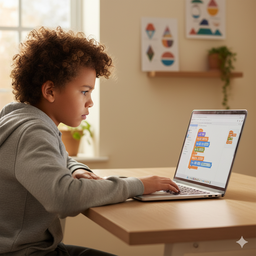Child learning Scratch block coding on laptop showing visual programming interface with colorful code blocks and sprites