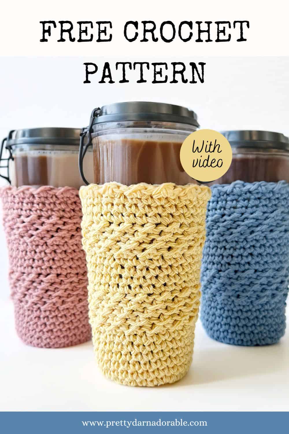 crochet cup cozy with a bottom in yellow pink and blue with an iced cap in them