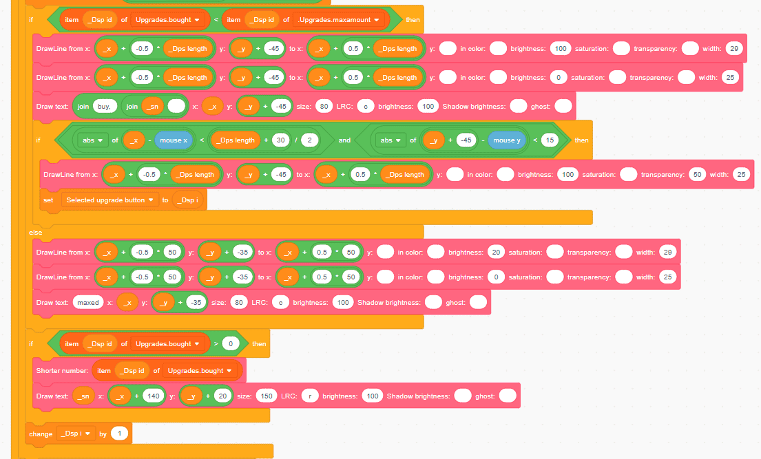 Complex block-based coding script with conditional logic, drawing functions, variables, and UI elements for upgrades system.