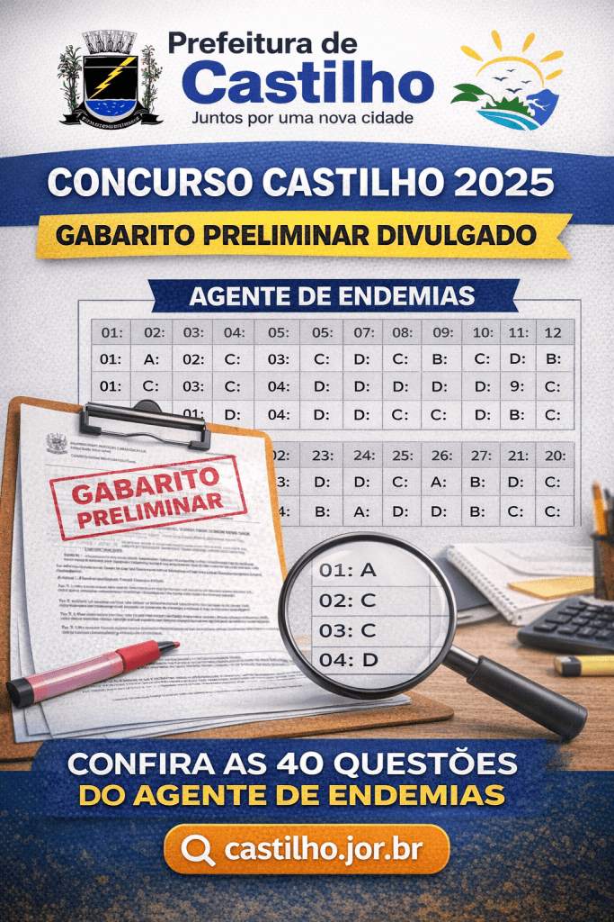 GABARITO CONCURSO CASTILHO 2025: CONFIRA AS 40 QUESTÕES DO AGENTE DE ENDEMIAS