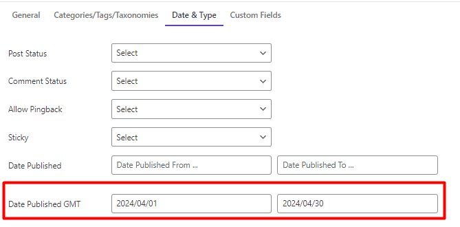 set date range for date published GMT field in date & type tab of filter form