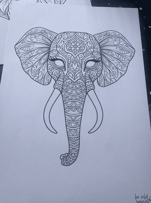 Mandala mit Elefantenkopf zum Ausdrucken, auch toll für Erwachsene