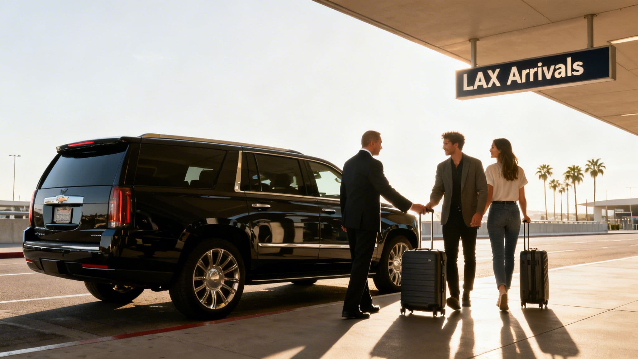 Private Airport Transfer: 7 Steps to a Flawless On-Time Arrival 2 A chauffeur assists a couple with their luggage next to a black SUV at LAX airport arrivals.