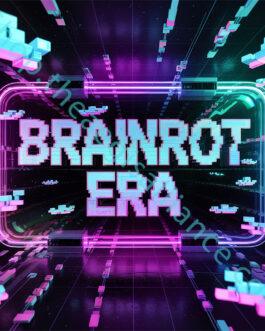 A futuristic, neon-lit graphic with the words "BRAINROT ERA" in pixelated text. The background features a digital landscape of floating blocks and lines, conveying the impact of technology and information overload in the digital age.