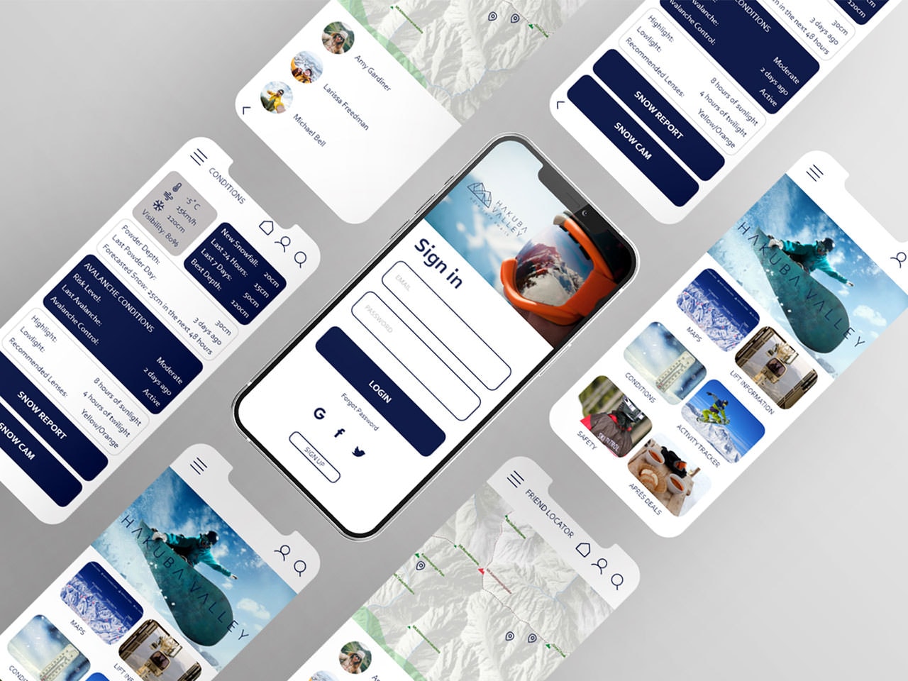 UX/UI App Design 1 Multiple smartphone screens showing the UI design for the Hakuba Valley app, including login and snow report features.