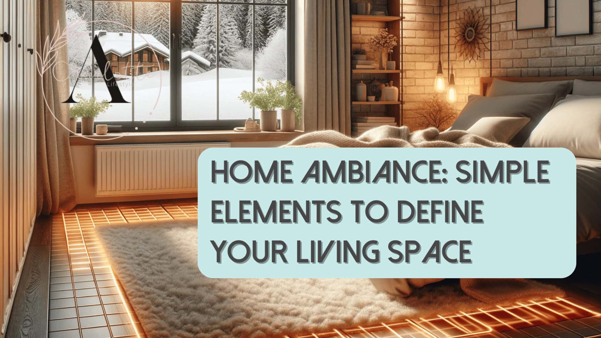 A cosy and well-organiSed bedroom with underfloor heating, showcasing a soft rug, a bed with warm blankets, and a window displaying a snowy landscape outside, contrasting with the room's warm interior. With Bold text saying Home Ambiance: Simple Elements to Define Your Living Space.