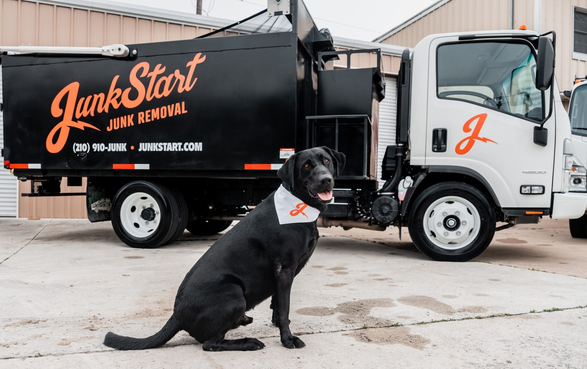 Black lab Boone sitting in front of a JunkStart Junk Removal truck in San Antonio, Texas.
