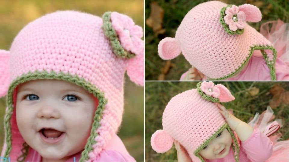 A baby wearing an easy, pink crocheted hat with green trim, ear flaps, a flower decoration, and round ear shapes on top. Three images show different angles of the baby and the hat—perfect inspiration for your next free crochet pattern!.