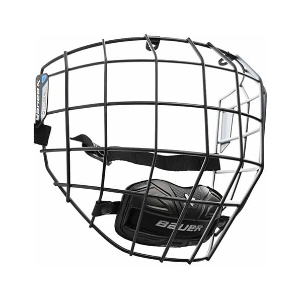 The Bauer Face AS Cage is a black wire hockey helmet cage featuring a chin pad and adjustable strap, shown from the side against a white background.