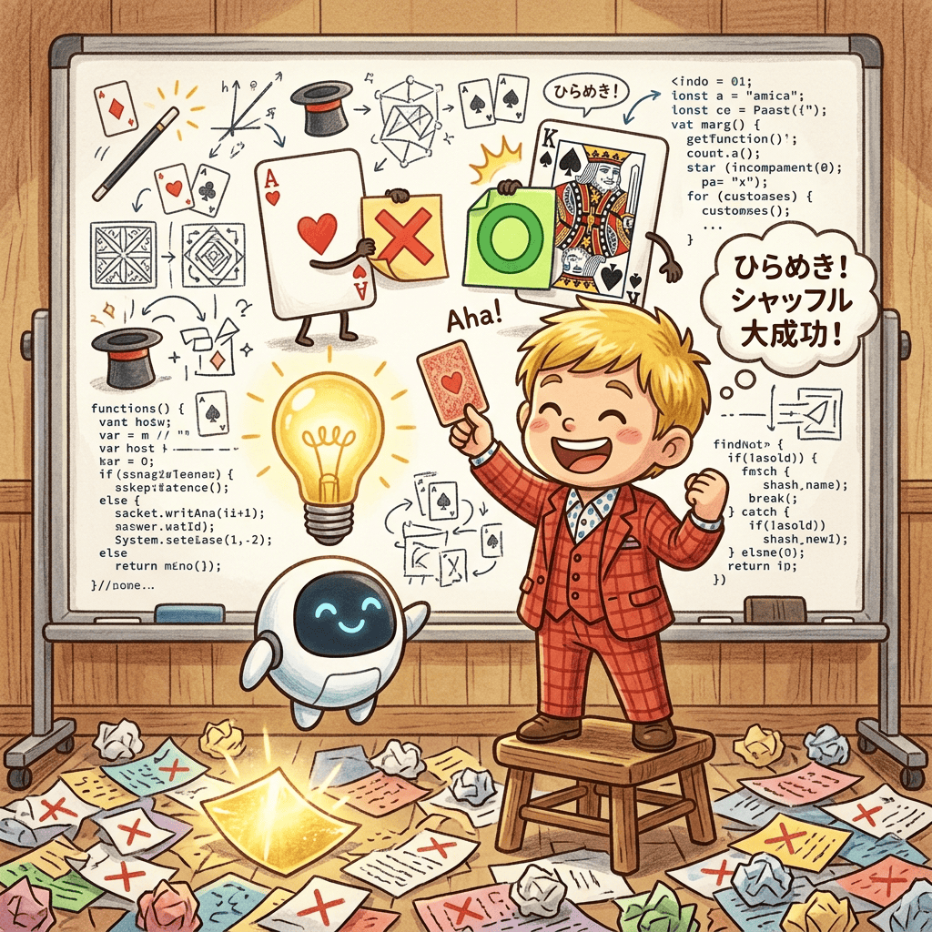 VSCode×Claude Codeで「ブログ執筆→画像生成→SEO設定→WordPress投稿」を全自動化した話。もうWordPressの管理画面を開く必要がない 7 Claude CodeとのAPI連携を試行錯誤。ホワイトボードの前でマジシャンとAIロボットがひらめきを共有し、擬人化トランプが失敗メモと成功メモを貼り替えるチビキャラ風イラスト