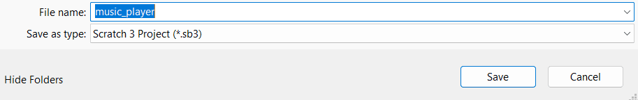 Scratch project save window with file name and save option