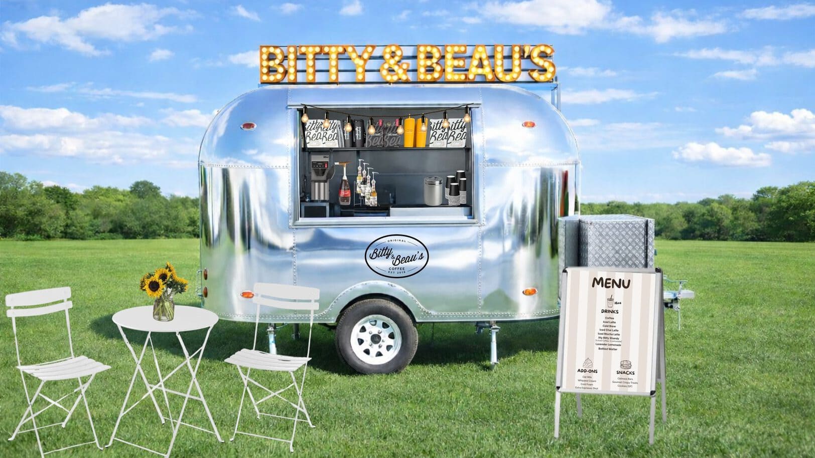 The Bitty & Beau’s Coffee Mini Cruiser showcases the brand’s mobile coffee franchise model, complete with outdoor seating and a menu board. Image Courtesy of Bitty & Beau’s Coffee