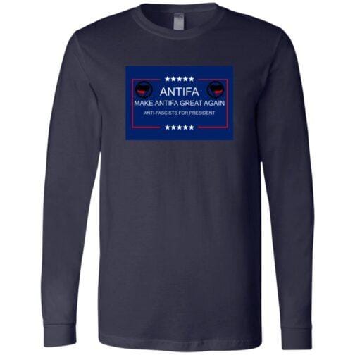 A navy blue long-sleeve t-shirt with a graphic design featuring the Antifa symbol and the text "ANTIFA MAKE ANTIFA GREAT AGAIN ANTI-FASCISTS FOR PRESIDENT".
