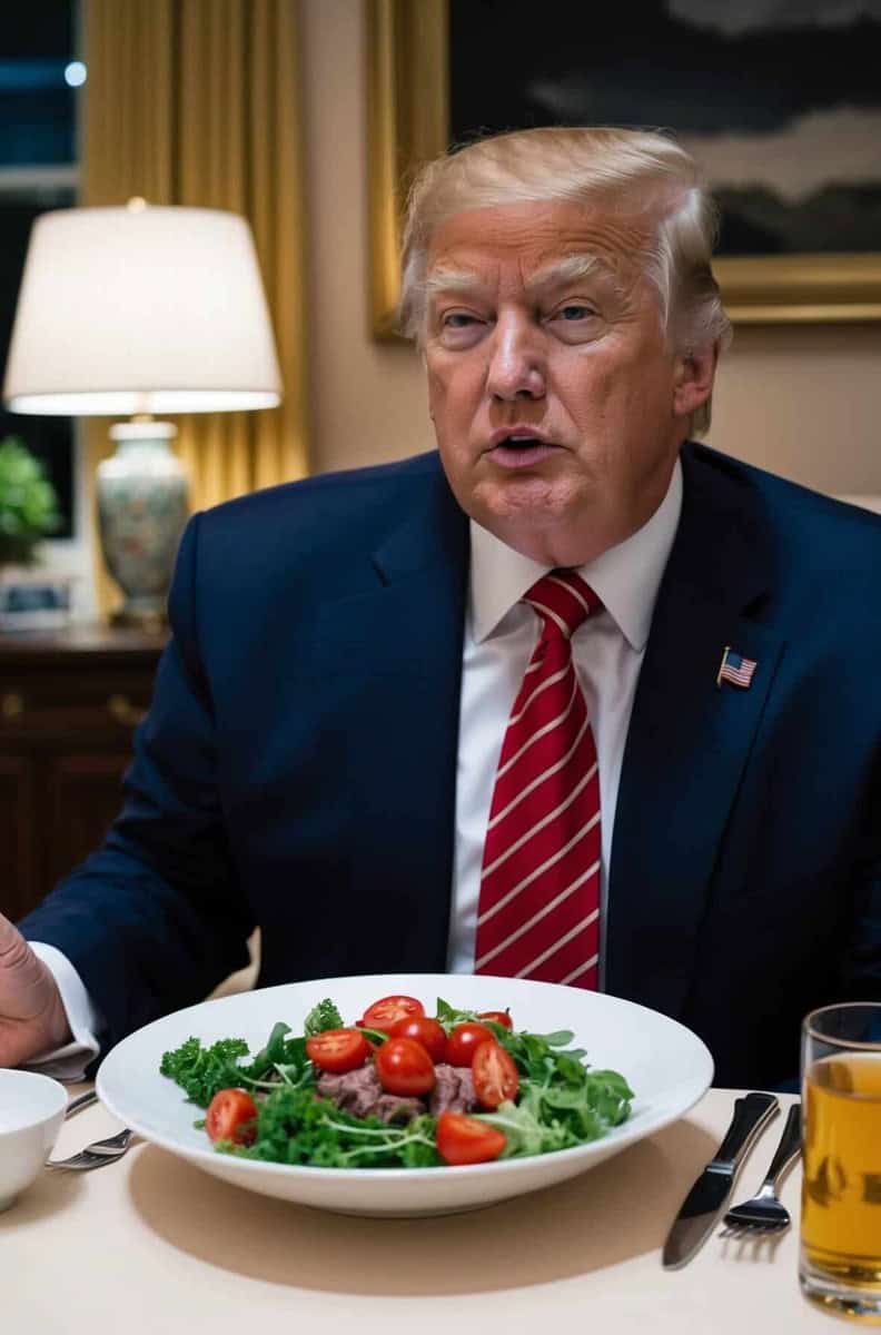 A man in a suit and red tie sits at a table with a salad, reminiscent of Donald Trump's preferred attire, while a lamp casts a glow over his glass of orange liquid.