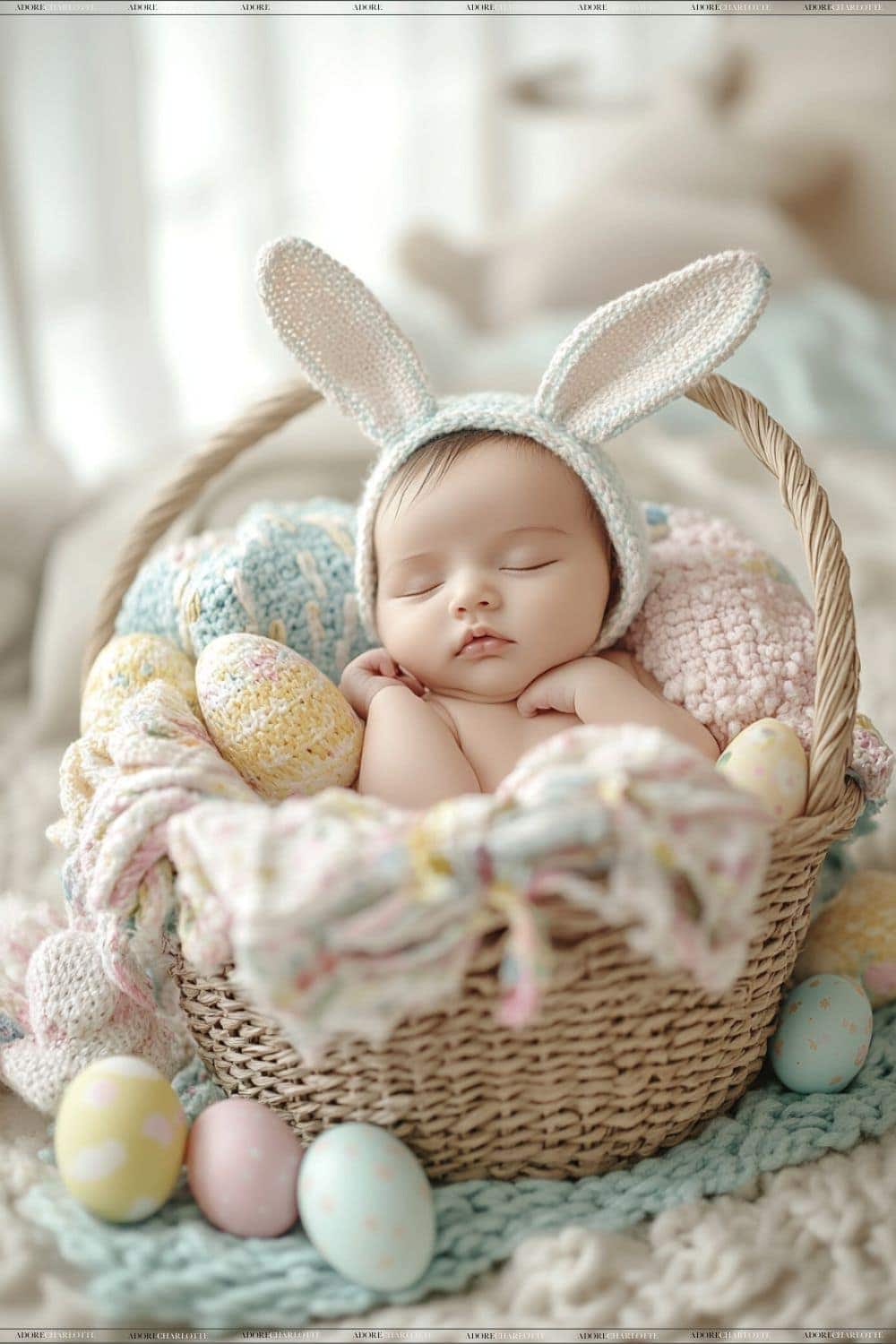 newborn baby in an easter basket wearing bunny ears sleeping.