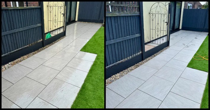 Jet washing garden path with algae buildup
