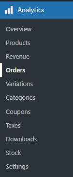 select orders menu in analytics section WooCommerce