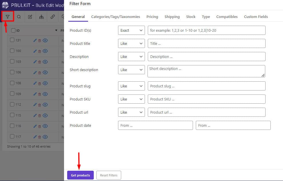 select general tab in filter form