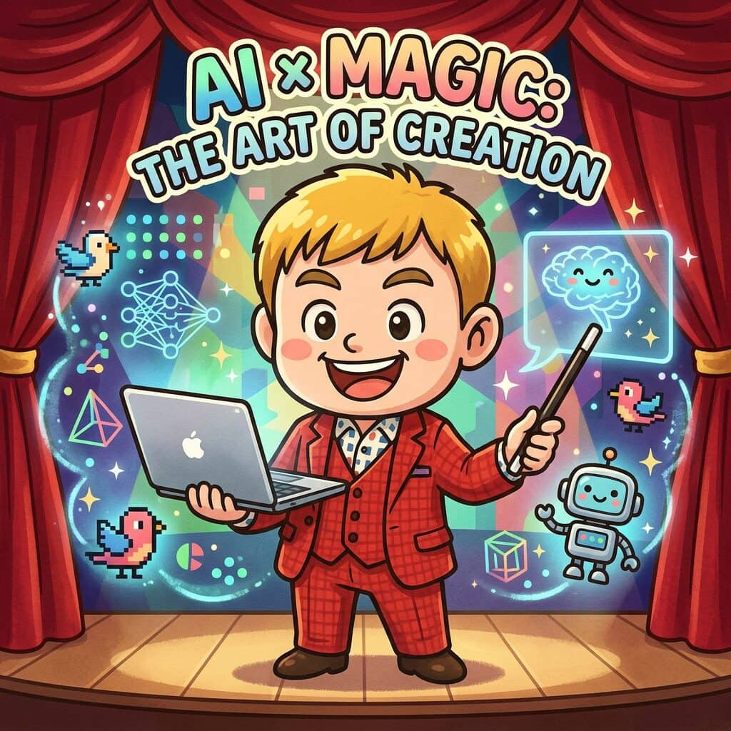 AI講演のご依頼|マジックを組み合わせた、楽しく学べるエンタメ型AI講演 1 マジシャン社長がAIとマジックを融合させたステージ講演のイラスト