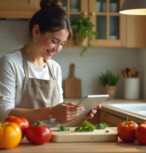 A woman in an apron smiles while using a tablet in a kitchen. Fresh vegetables, including tomatoes and lettuce, are on the counter.