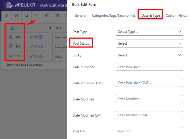 mark desired posts and select post status field in date & type tab of filter form