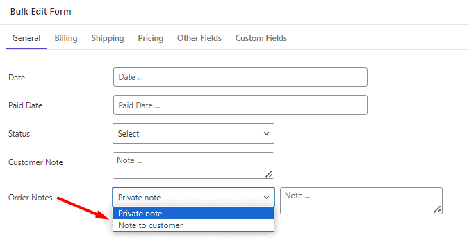 WooCommerce bulk edit order private note